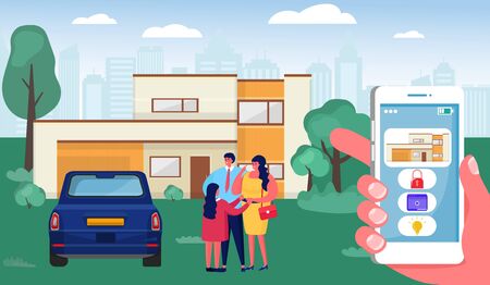Smart home vector illustration. Cartoon flat human hand holding smartphone with control interface, happy family people standing near modern house. Automation home system technology concept backgroundのイラスト素材