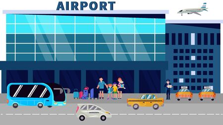 Passengers stand at the airport terminal and wait for a taxi flat vector illustration. The airport building, mom, dad and children are standing at the terminal and waiting for a taxi with luggage, next is a taxi driver with a sign. Bus and taxi ride past the airport building. Tourists returned from rest.のイラスト素材