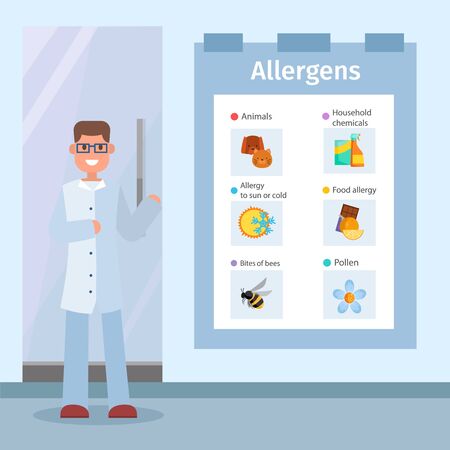 Doctor talks about allergens and treatment, vector flat illustration. Male doctor stands at poster and allergy icons. Allergies to animals, household chemicals, food allergies and pollen.のイラスト素材