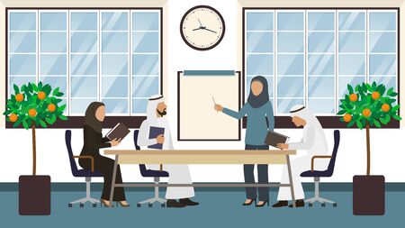Meeting of arab businessmen, people groupe discuss agreement flat vector illustration. Muslim males and females are sitting at table, woman standing at the blackboard and giving a presentation.のイラスト素材