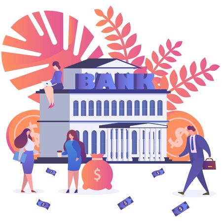 Bank, people around the building, banknotes and coins dollars, vector cartoon illustration on white background. Currency exchange, investment, transfer, ATM, financial services.のイラスト素材