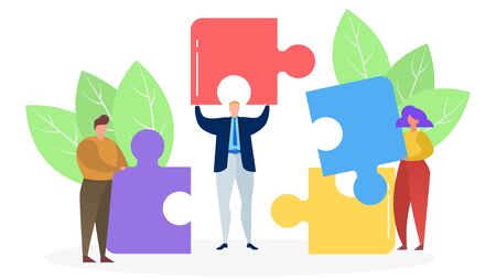 Three people connect colored puzzle pieces, concept of successful business, vector flat illustration. Men and women are holding puzzle elements in hands on a white isolated background. Male and female work as a team.のイラスト素材