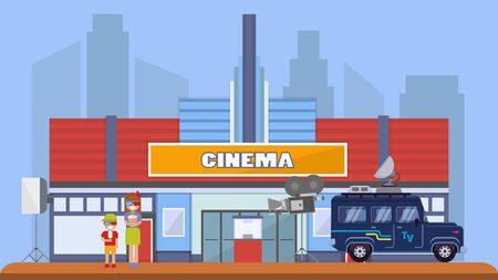 Cinema building in city background, street shooting TV show, flat vector illustration. Television show car, tv camera, viewer stay near film screening, design advertisement movie place.のイラスト素材
