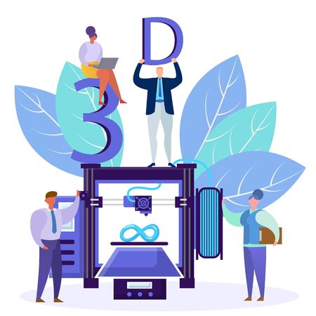 3d printing concept with people characters vector illustration. 3d printer equipment with flat people on a white isolated background. Women and men are standing near the machine on 3D printing.のイラスト素材