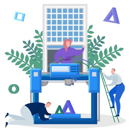 Team of engineers print on a 3d printer vector illustration. Team of engineers print on a 3d printer...