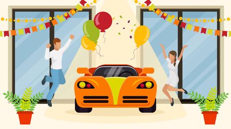 Young family lovely couple buy new car, character male female pair won luxury vehicle, flat vector illustration. Sport wagon machine gift, souvenir balloon, concept passenger auto shop.のイラスト素材