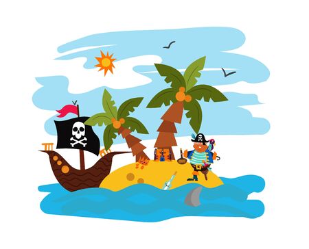 Pirate, parrot deserted island, raider boat with sea character bandit flag, isolated on white, flat vector illustration. Island treasure chest, palm tree, tropical beach and ocean, sea.のイラスト素材