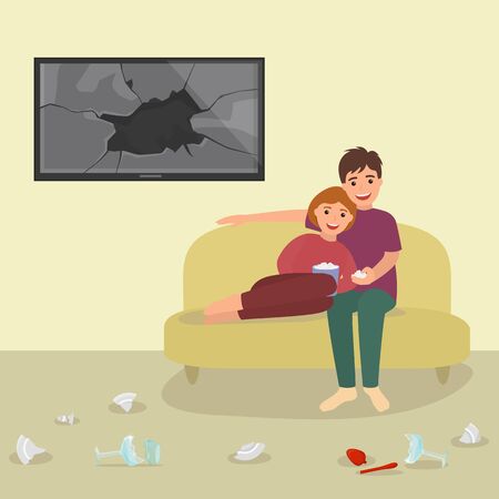 Lovely character pair, male female eat popcorn reconcile argument swearing vector illustration. Lover couple sitting after quarrel fight reconciliation peace. Destroyed television broken glass monitorのイラスト素材