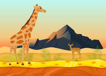 African animal giraffe deer, tropical natural landscape concept flat vector illustration. Beautiful desert place, rock mountain background. Herbivorous beast rest feed, wildlife living nature.のイラスト素材