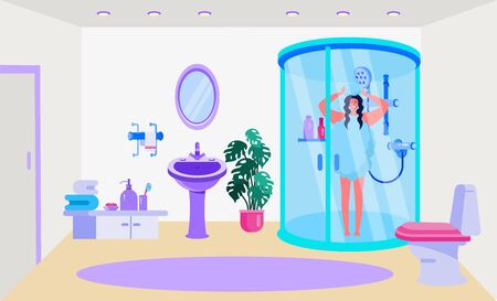 Bathroom interior, fixtures vector illustration. Home design, room with shower, toilet, sink and mirror. Fourniture for towel, sope and personal care products. Woman character in shower cabin.のイラスト素材