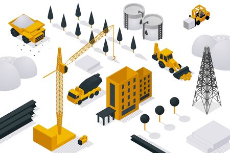 Building construction process, vector illustration isometric. Heavy equipment, crane and machine on construction site. Architecture industrial building, object in work cartoon design.のイラスト素材