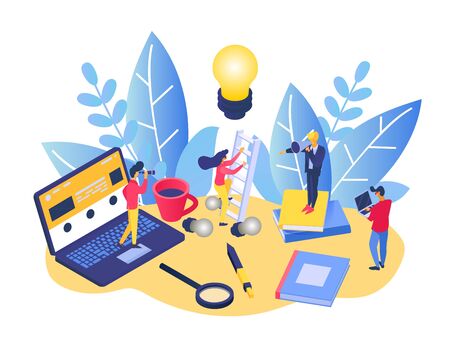 Business people creative teamwork, vector illustration. Business meeting on table, character planning project marketing. Woman with creative idea, boss directing by loudspeaker, worker use laptop.のイラスト素材