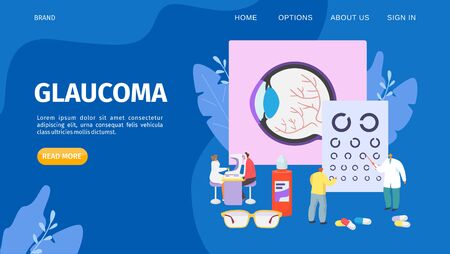 Glaucoma treatment landing, vector illustration. Medical professional ophthalmologist eyesight check up. Clinic website page, health care by special glasses, pharmaceutical drops and pills.のイラスト素材