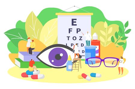 Ophthalmology eye care, oculists work vector illustration. Sight clinical diagnostic, vision check up testing. Doctor use special equipment for eyesight diseases treatment, measurment table, glasses.のイラスト素材