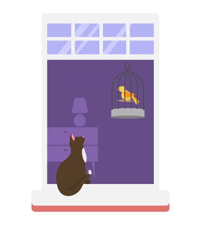 Neighbors people in window vector illustration. Cartoon active man woman or couple characters live in neighboring home apartments, building facade with windows. Flat residential house neighborhood setのイラスト素材