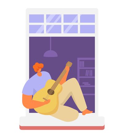 Neighbors people in window vector illustration. Cartoon active man woman or couple characters live in neighboring home apartments, building facade with windows. Flat residential house neighborhood setのイラスト素材