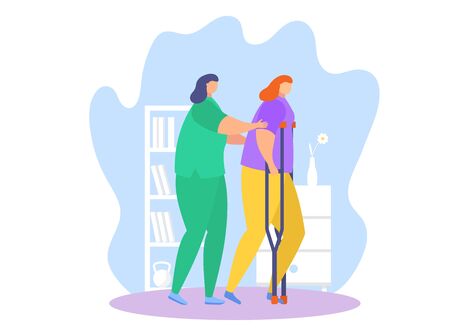 Physiotherapy rehabilitation assistance vector illustration. Cartoon flat patient character on physical rehabilitating therapy with physiotherapist doctor, sport exercise in gym icon isolated on whiteのイラスト素材