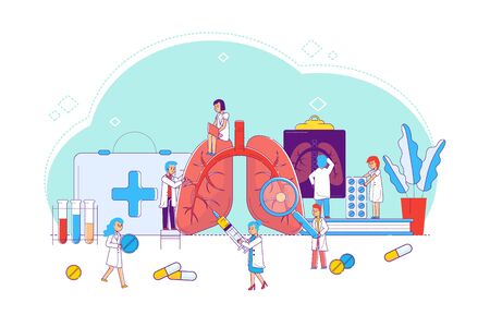 Line lung disease study and treatment, concept vector illustration. Doctors and nurses around enlarged lungs, look at organ state, listen through stethoscope for breathing. Doctor analyzes x-ray.のイラスト素材