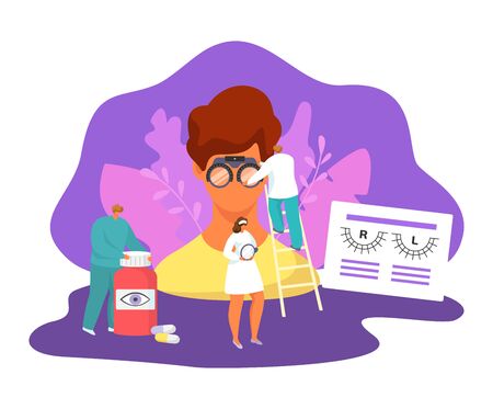 Ophthalmology medicine vector illustration set. Cartoon tiny patients people visit ophthalmologist doctor character, check or adjustment eye health with optical equipment in medical clinic hospitalのイラスト素材