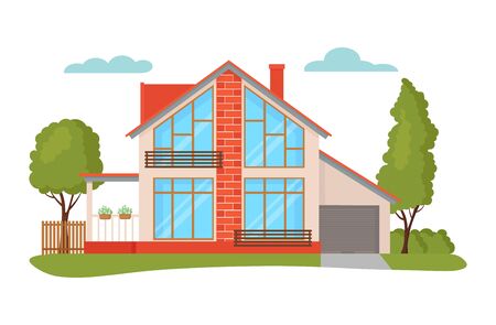 Modern house vector illustrations. Cartoon flat home apartment, facade exterior of residential building with garage, green trees. Modern cottage in town, family villa house set icons isolated on whiteのイラスト素材