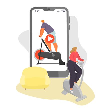 Online sport tutorial vector illustrations. Cartoon woman man characters in healthy sport activity using video lessons app on smartphone or computer, active people sporting set icons isolated on whiteのイラスト素材