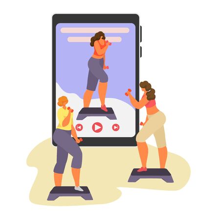 Online sport tutorial vector illustrations. Cartoon woman man characters in healthy sport activity using video lessons app on smartphone or computer, active people sporting set icons isolated on whiteのイラスト素材