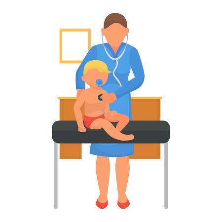 Doctor perform medical baby examination at hospital, vector illustration. Child at pediatrician clinic, infant healthcare, banner. Physician cartoon character with healthy little patient.のイラスト素材