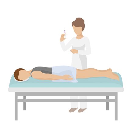 Doctor give shot to character patient on bed, vector illustration. Medical healthcare in cartoon hospital concept, people health by medicine injection. Woman nurse action to man person.のイラスト素材