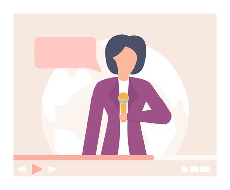 Video news online, internet tv vector illustration. Woman character reporter hold microphone, digital social communication. Live stream broadcasting, breaking news in flat application.のイラスト素材