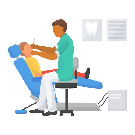 Dentist appointment with child patient, vector illustration. Doctor care about oral health and hygiene in dental clinic. Dentistry hospital, healthy mouth by man with medical equipment.のイラスト素材