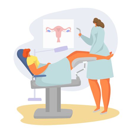 Patient on doctor appointment vector illustration. Cartoon flat gynecologist examining woman in clinic obstetrician cabinet interior, cervix checkup screening. Female healthcare isolated on whiteのイラスト素材