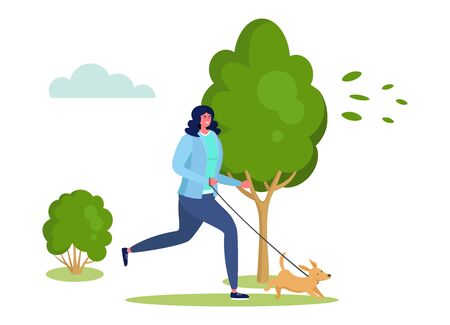 Active sports people vector illustration. Cartoon happy flat woman character running, have fun with pet dog together on summer outdoor jog in city park, healthy lifestyle concept isolated on whiteのイラスト素材