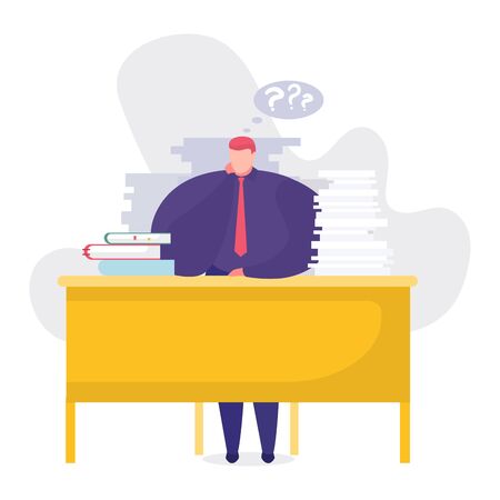 Work problems concept vector illustration. Cartoon flat businessman sitting at table among paper or document piles, office manager character thinking over job task with question mark isolated on whiteのイラスト素材