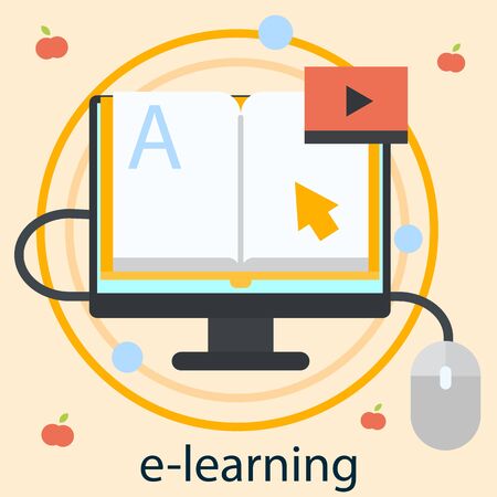 e-learning, research through Internet, concept school education and acquisition knowledge onlain, cartoon vector illustration. University studies by computer and e-books and other mobile devices.のイラスト素材