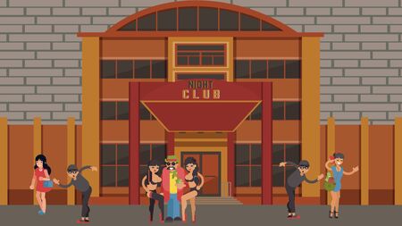 Pimp club nightlife, pickpocket thief takes out purse and other valuable things from girl handbag, cartoon vector illustration.のイラスト素材