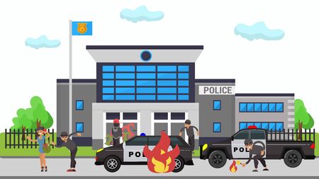 Criminal man in mask set fire policeman cars near police station on vector cartoon person criminal illustration. One gangster steal woman s bag, other bandit spoil window. Concept police officeのイラスト素材