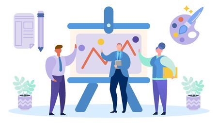 Art design, designer is working on his project, abstract drawing, creative workflow, design, cartoon style vector illustration. Men and women discuss idea working in studio, isolated on white.のイラスト素材