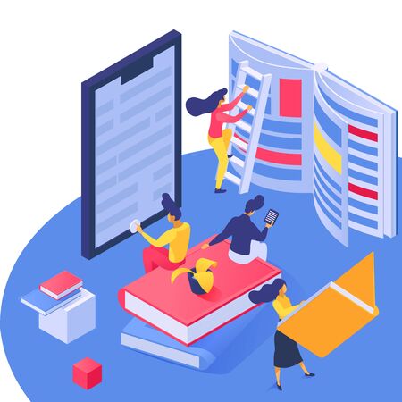 Digital library, people get education and conduct research online, concept Internet university, cartoon vector illustration. Students, boys and girls reading books, learning using mobile technology.のイラスト素材