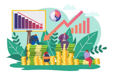 Financial crisis, economy down chart vector illustration. Finance fall and depression, economic cartoon decline graph arrow. Cartoon people character in bad mood, market and investment crash.のイラスト素材