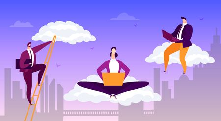 Business working internet cloud concept, vector illustration. Man woman flat character with computer information banner. Social connection by laptop, adult professional businessman.のイラスト素材