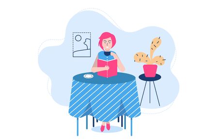 People reading poses vector illustration. Cartoon flat woman student character sitting by window, studying and preparing for examination. Literature lover, fan books, home schooling isolated on whiteのイラスト素材