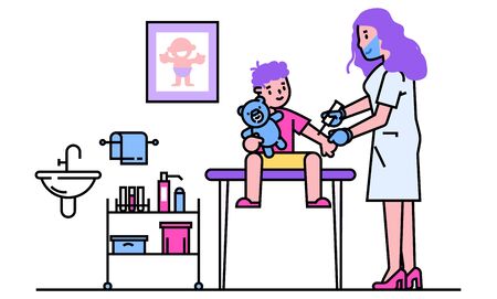 Line doctor pediatrician vector illustration. Cartoon flat happy mother and kid boy characters visiting specialist for medical examination checkup in hospital. Children healthcare isolated on whiteのイラスト素材