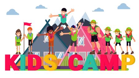 Summer kids camp concept, vector illustration. Scout adventure at nature, travel cartoon vacation design. Fun outdoor tourism at forest background, child and teacher character camping.のイラスト素材