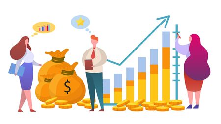 Money growth diagram, vector illustration. Finance investment and strategy for profit, manager man woman character work. Financial chart success, banking budget analysis and cartoon report.のイラスト素材