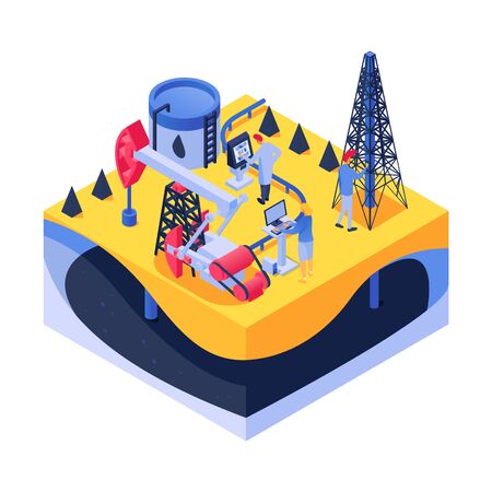 Petroleum research in lab, isometric vector illustration. 3d man woman people character work with flat equipment, oil industry. Scientist in factory building, cistern with gasoline product.のイラスト素材