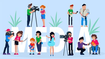 Interview media tv news, vector illustration. Reporter and journalist with microphone, press report at camera broadcasting. Flat television people character conference and reportage live.のイラスト素材