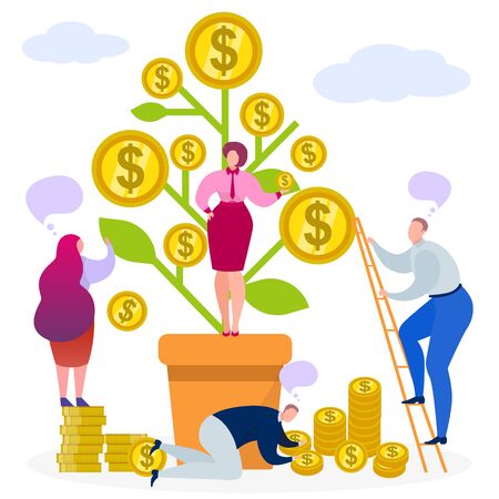 Business money tree, vector illustration. Finance coin profit before investment concept, plant with cartoon financial cash. Income success growth, people collect dollar wealth and growing currency.のイラスト素材
