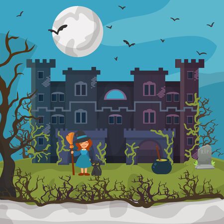 Halloween night background, vector illustration. Dark castle design and scary moon, girl witch character with cartoon broom. October magic celebration banner, spooky mystery house scene.のイラスト素材