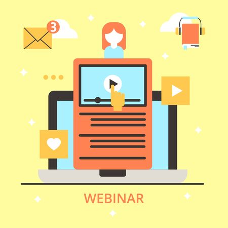Video business education in internet, vector illustration. Online webinar at screen, web communication conference in computer. Woman icon with digital presentation information technology.のイラスト素材