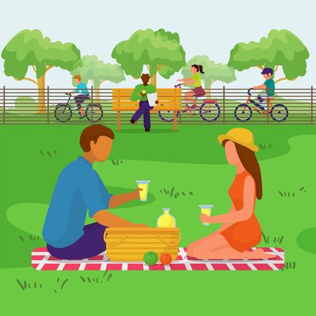 Couple in park, happy people at picnic, vector illustration. Man woman character family at nature outdoor, flat summer landscape. Cartoon weekend together in city, holiday leisure with food.のイラスト素材
